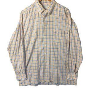 Maus & Hoffman Shirt Mens Large Orange Plaid Button Up Long Sleeve Blue